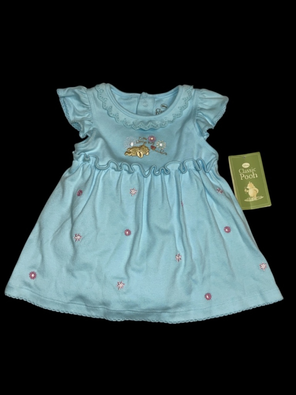 Vintage DISNEY Embroidered Winnie the Pooh Floral Dress Romper 6 Months Blue